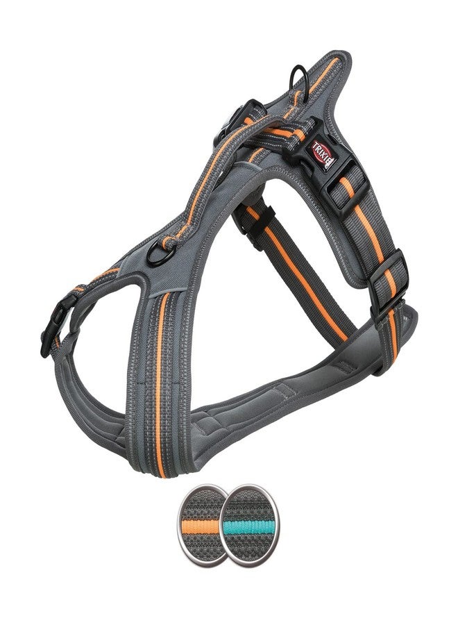 Trixie Fusion Touring Harness for Dogs, Webbing Tape, 2 Position Fully Adjustable Belly Strap, Additional Ring for Leash in Chest and Neck, Reflective Parts for Safety (Medium-Large, Graphite/Papaya)